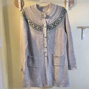 GARNET HILL Women’s L Gray Fair Isle Long Cardigan Sweater Lambswool Size Large